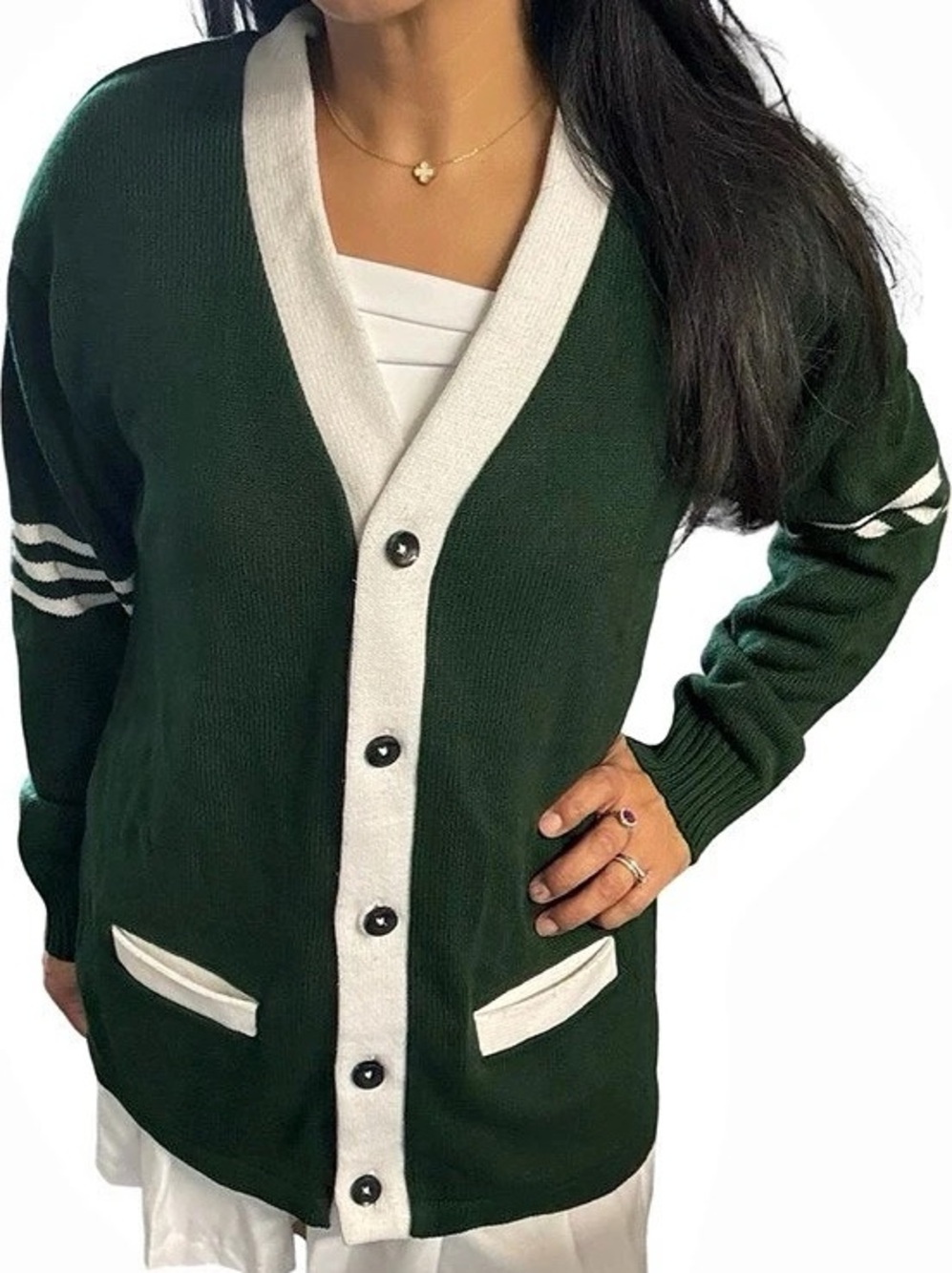 Larsen Green & White Striped Cardigan Like New